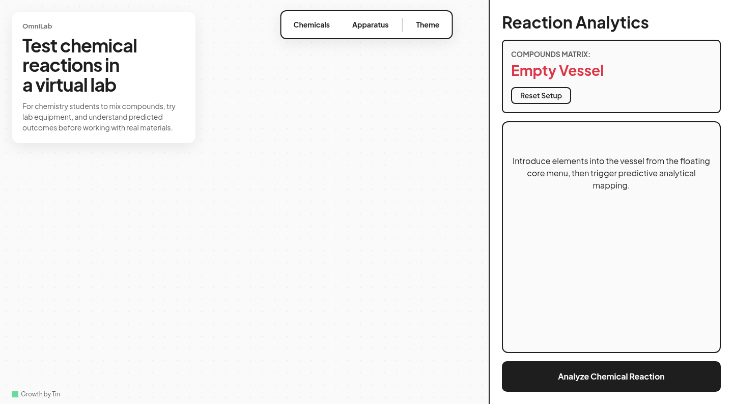 The OmniLab virtual chemistry workspace with compound controls and reaction analytics