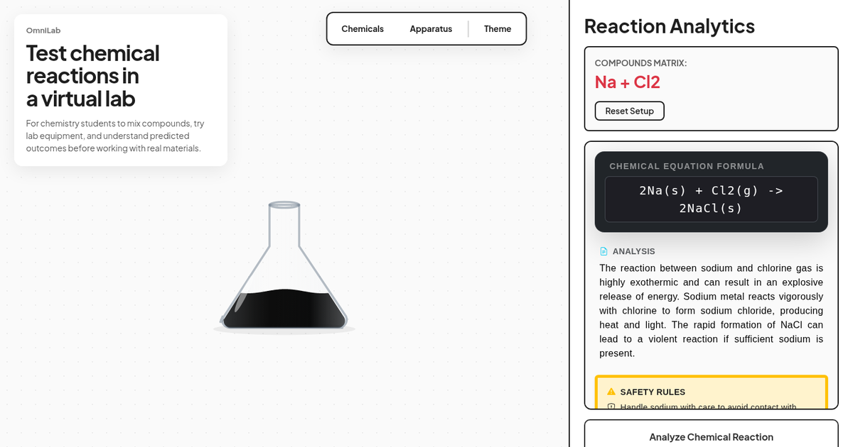 The OmniLab workspace showing selected chemicals, an equation, explanation, and safety guidance